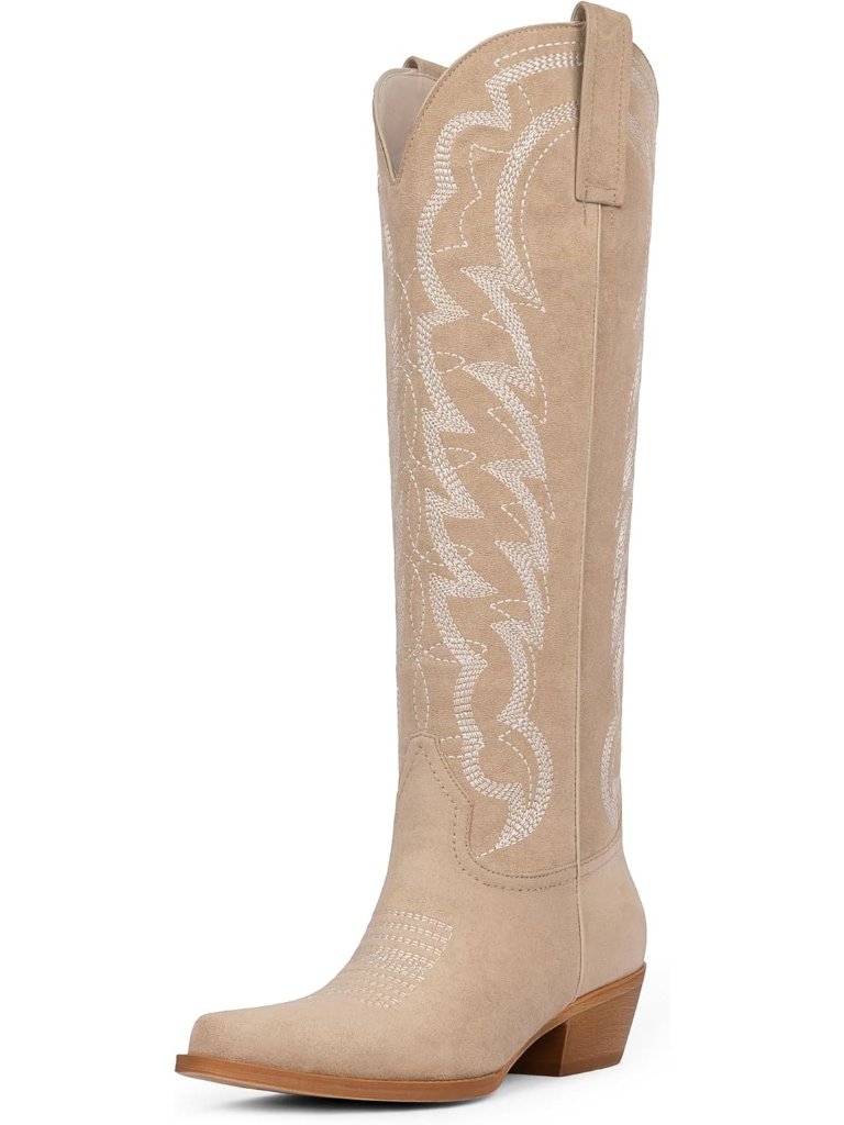Women Beige Leather Knee High Chunky Butterfly Cowgirl Calf Pointed Toe Boot